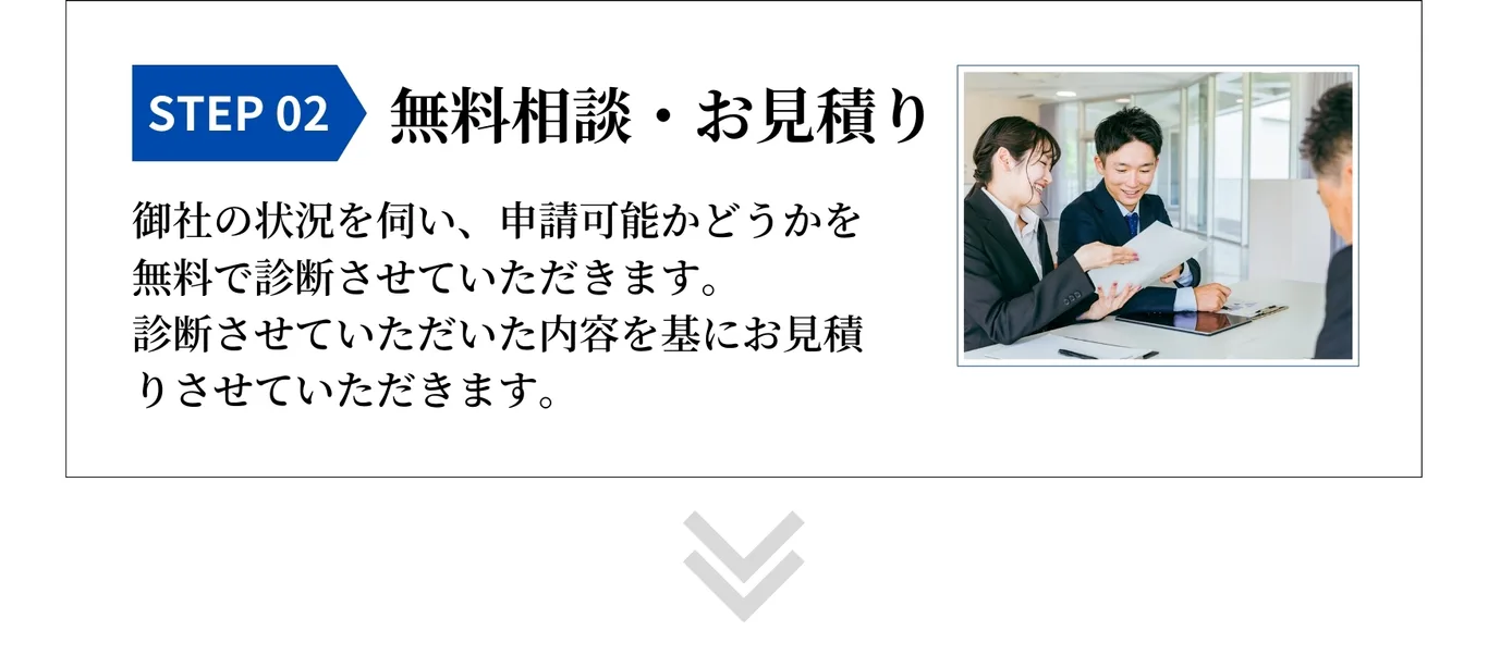 STEP02,無料相談・お見積もり。御社の状況を伺い申請可能かどうかを無料で診断させていただきます。診断した内容を基にお見積もりをさせて頂きます。