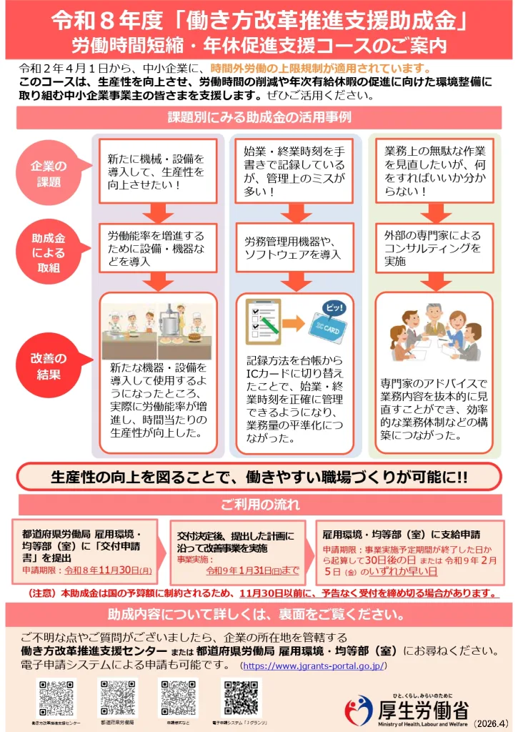 令和８年「働き方改革推進支援助成金」労働時間短縮・年休促進支援コース公式パンフレット＆制度概要