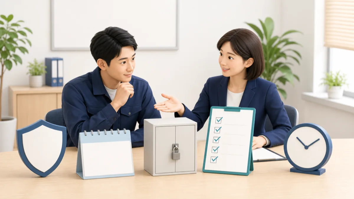 中小企業の経営者が労災保険・年休管理簿・就業規則・成果目標を確認するイラスト