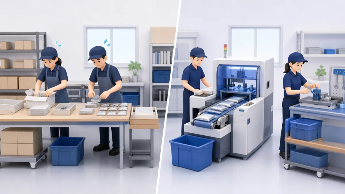 設備導入前後で作業人数と作業時間が減る公式活用事例のイラスト