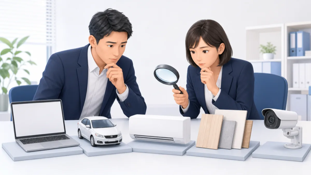 パソコン・乗用車・エアコン・内装・監視カメラの対象外リスクを確認するイラスト