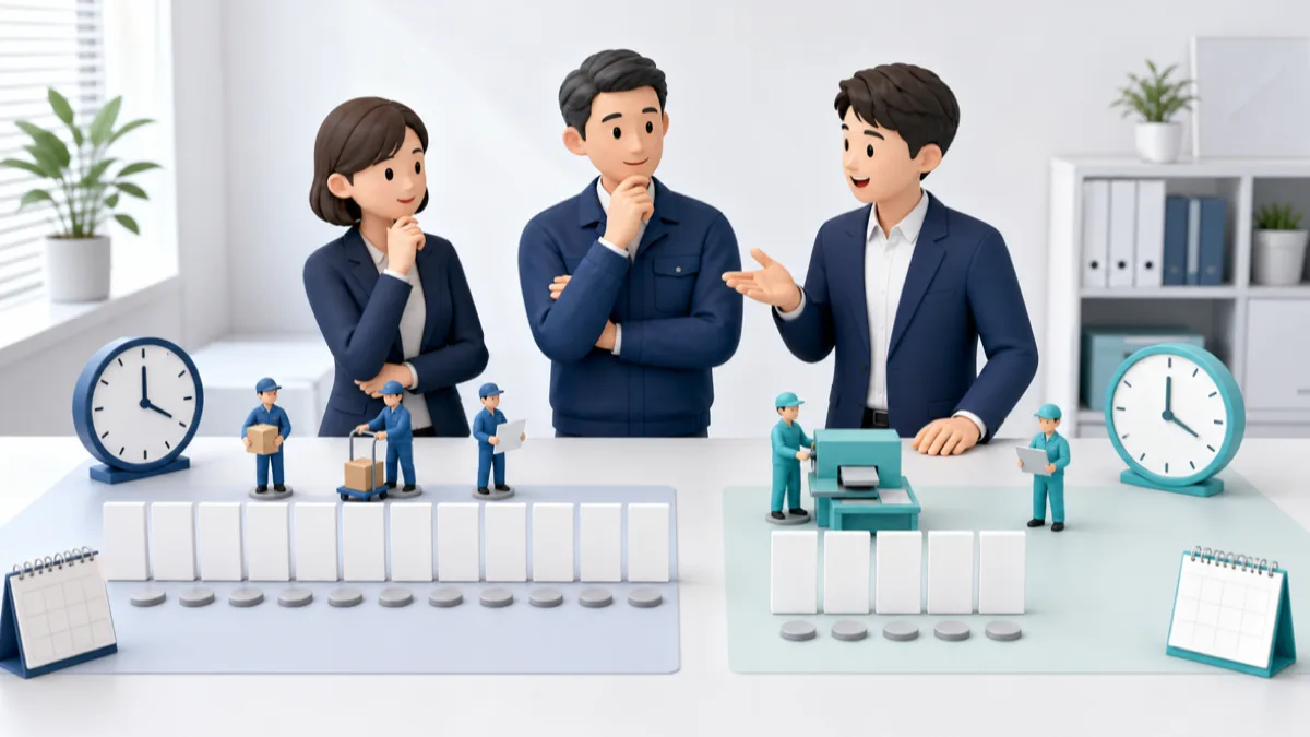 経営者が設備導入前後の作業工程と労働時間削減効果を計算するイラスト