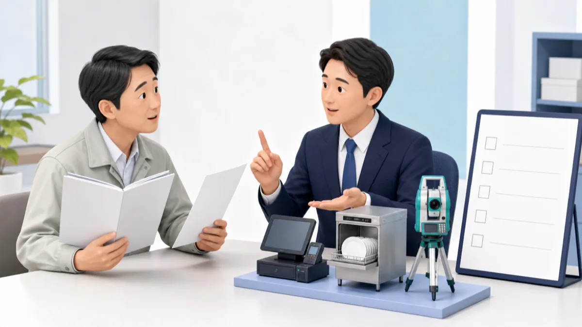 中小企業の経営者が対象設備の疑問を専門家に確認するイラスト