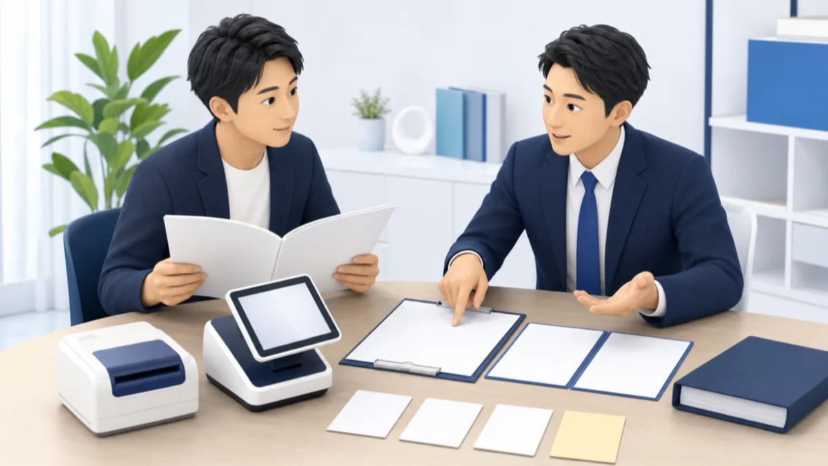 経営者が設備カタログ・見積書・作業時間資料を持って社労士に相談するイラスト