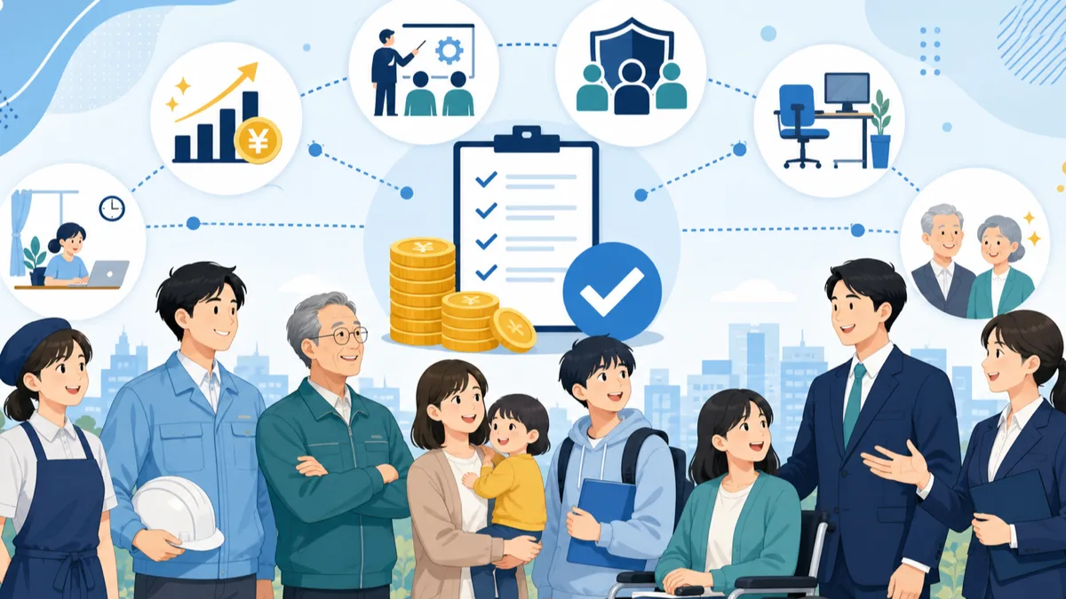 正社員化・賃上げ・人材育成・両立支援の助成金を表す職場のイラスト