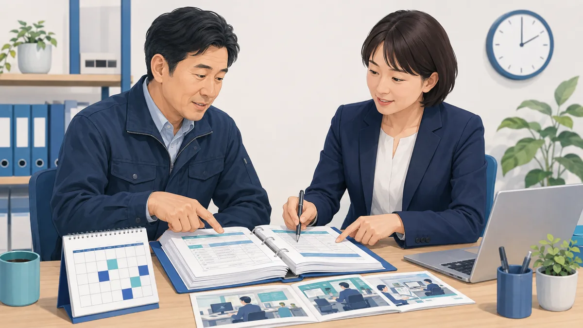 経営者と社労士が就業規則と現場の働き方を照合する様子