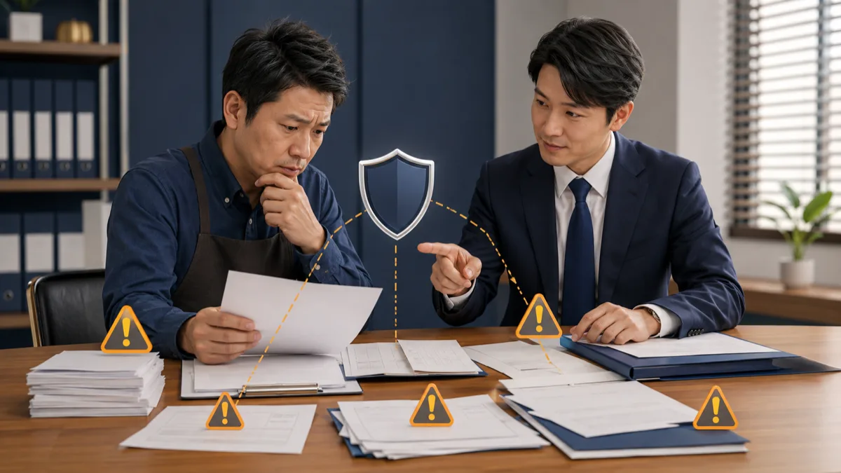 不十分な労務書類と複数のリスクを確認する経営者