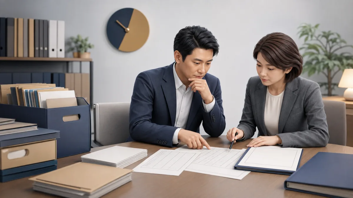 過去の勤怠記録と雇用書類を専門家と確認する経営者