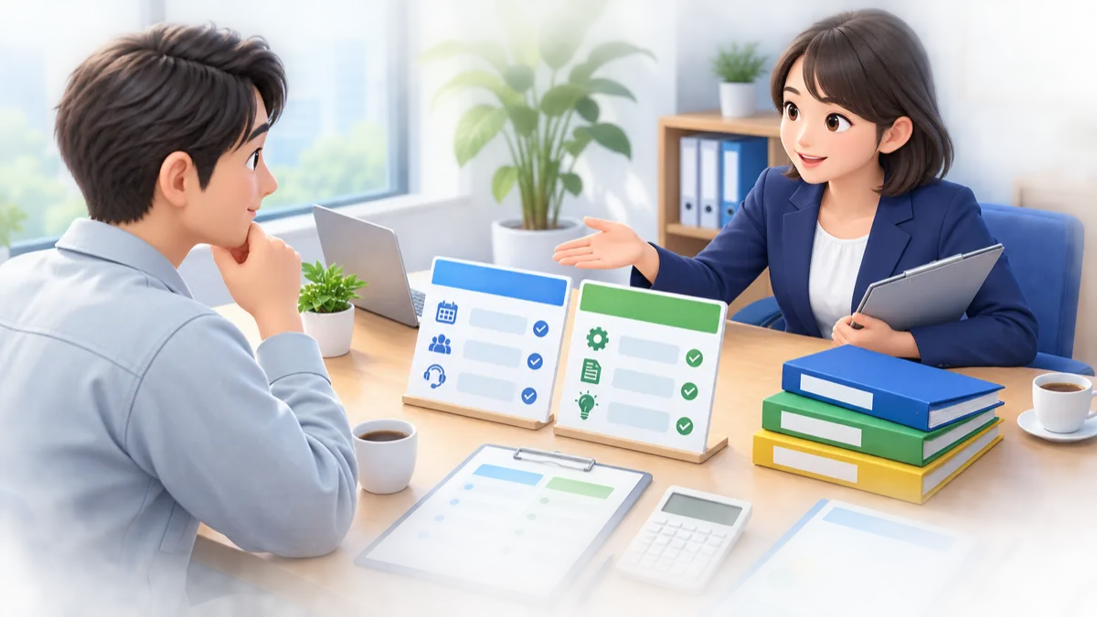 顧問契約とスポットサービスの料金を分かりやすく説明する相談場面