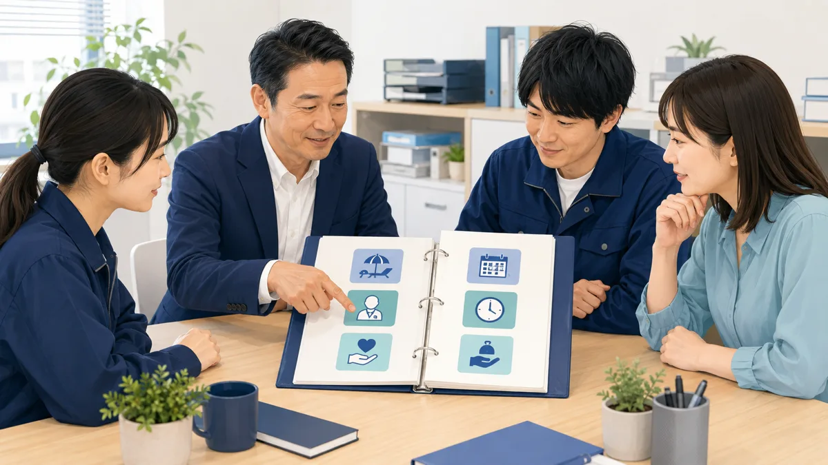 少人数の会社で経営者と従業員が職場のルールを確認する様子