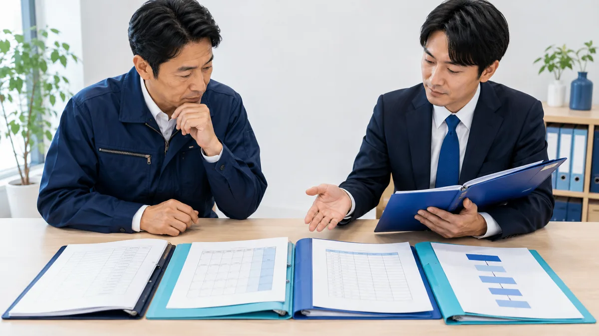 取組開始前に就業規則と助成金の必要書類を確認する様子