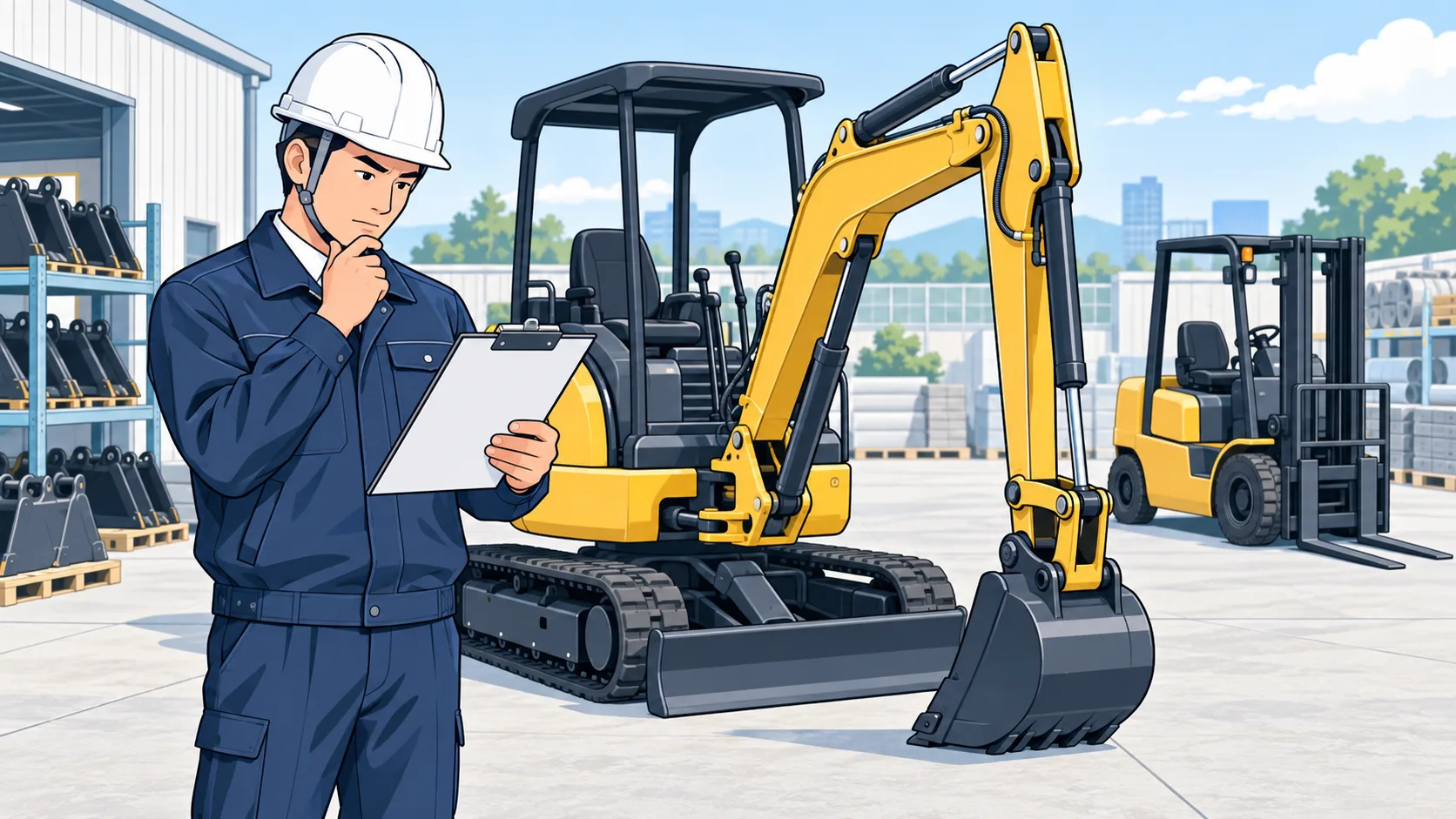 ユンボとフォークリフトの購入前に、見積を確認する建設会社の経営者のイメージ