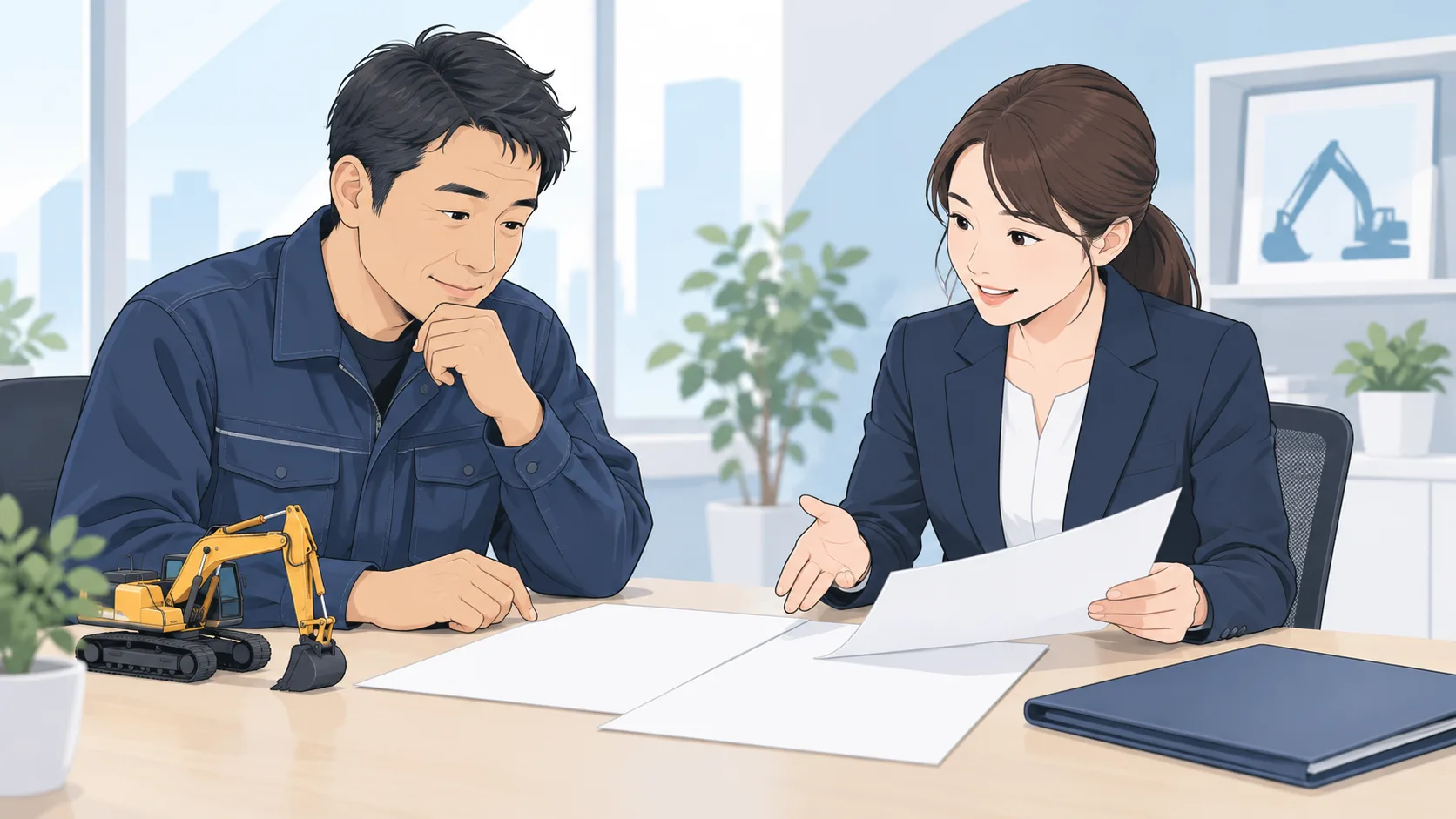 建設会社の経営者と専門家が重機の購入計画を相談するイメージ